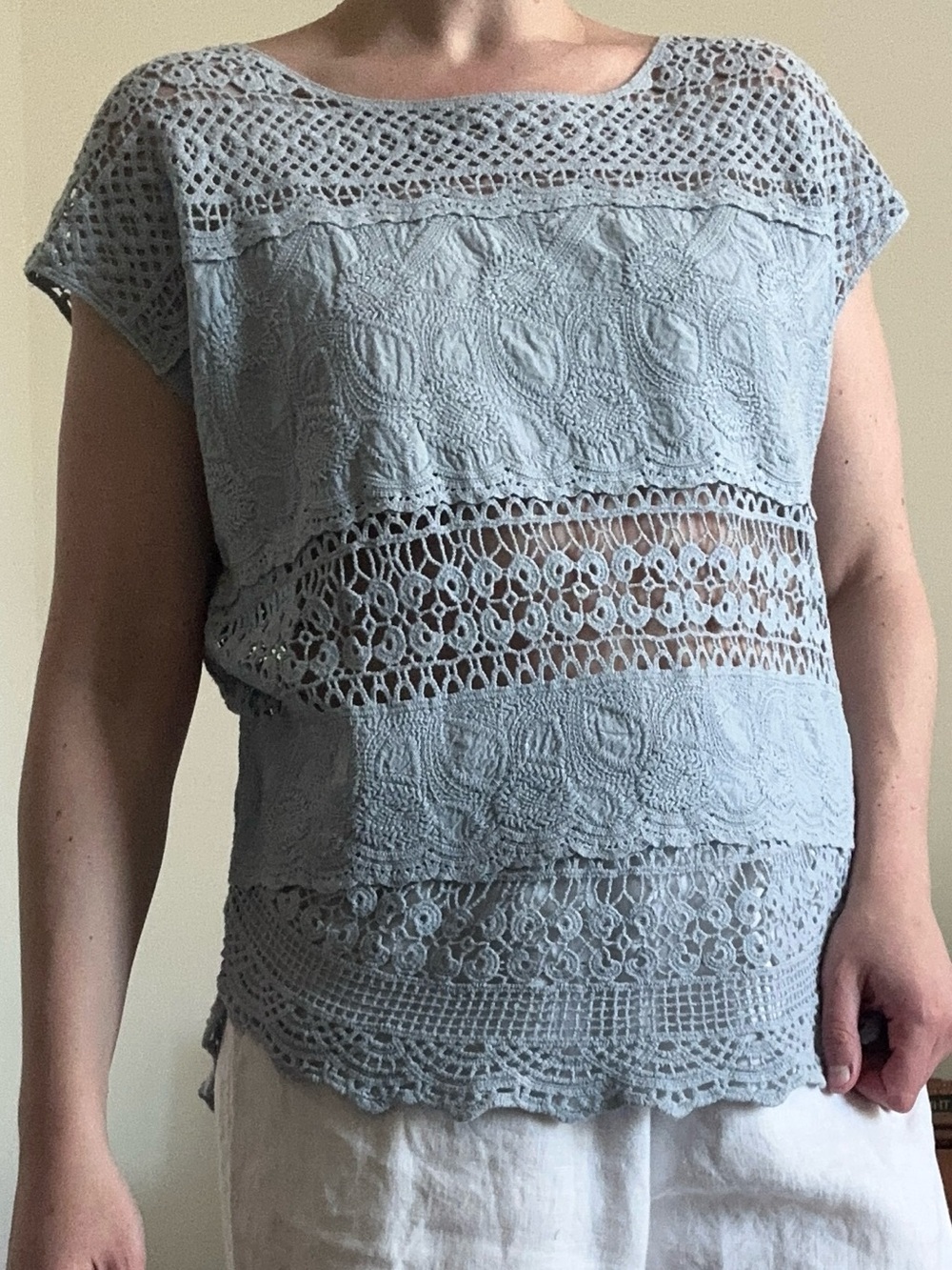 Vintage 90s Miss Kelly Dusty Blue Crochet Top